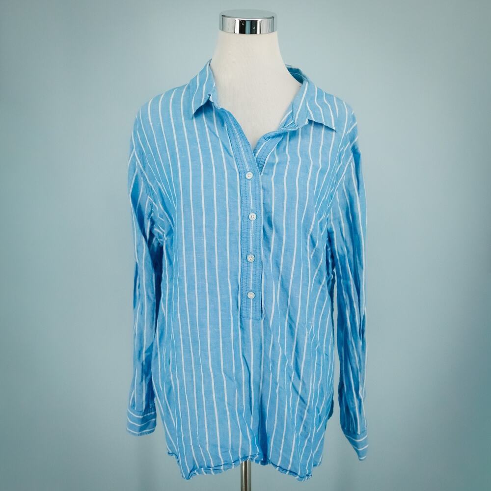 Talbots Plus Size 2X Blue Stripe Button Long Sleeve Linen Cotton Popover Top